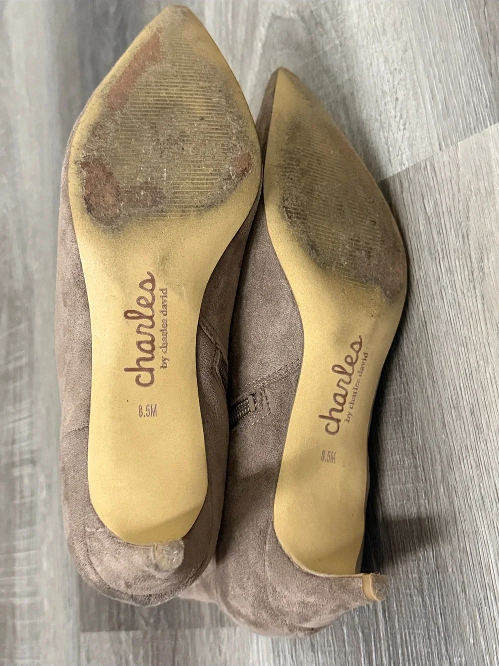Charles By Charles David Taupe Suede Pointed Ankle Booties with Side Zip